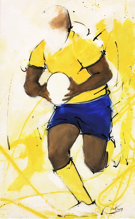 Art sport rugby : Peinture sur toile de la percée du centre auvergnat Wesley Fofana lors d'un match de rugby