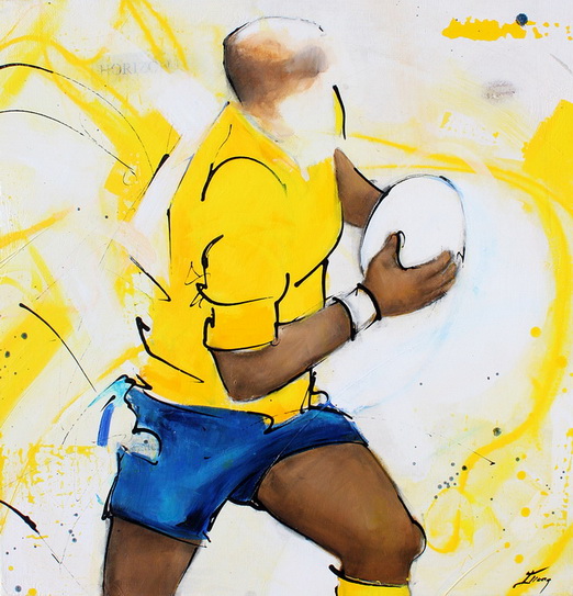 Art sport rugby : Peinture sur toile d'un troisième ligne de l'ASM chargeant avec le ballon