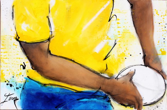 Art sport rugby : Peinture sur toile d'une passe et d'un ballon en gros plan lors d'un match de rugby