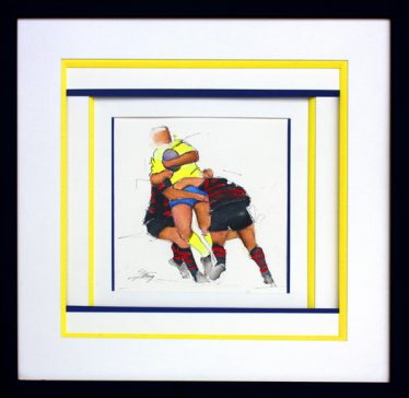 Art sport rugby : aquarelle encadré d'un match de rugby entre l'ASM et le stade toulousain