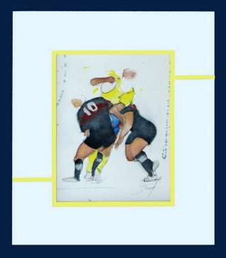 Art sport rugby : aquarelle d'un match de rugby entre l'ASM et le stade toulousain