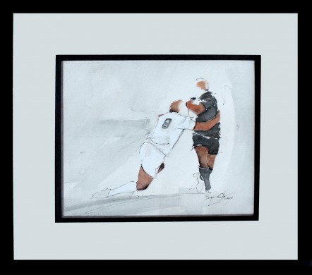 Art sport rugby : Aquarelle encadrée d'un match de rugby des All Blacks