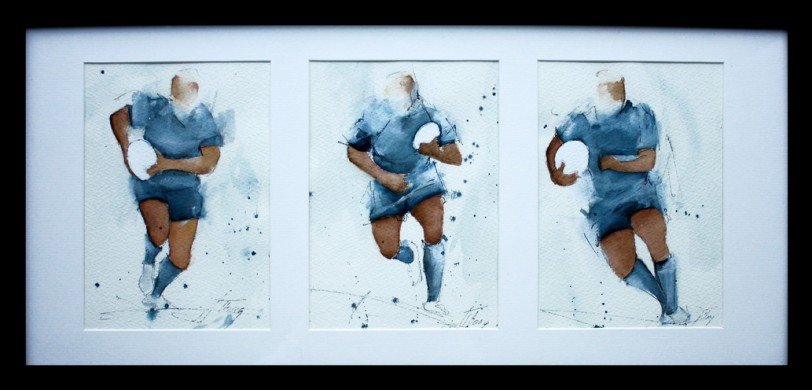 Art sport rugby : Tryptique Aquarelle encadrée de joueurs de rugby des All Blacks