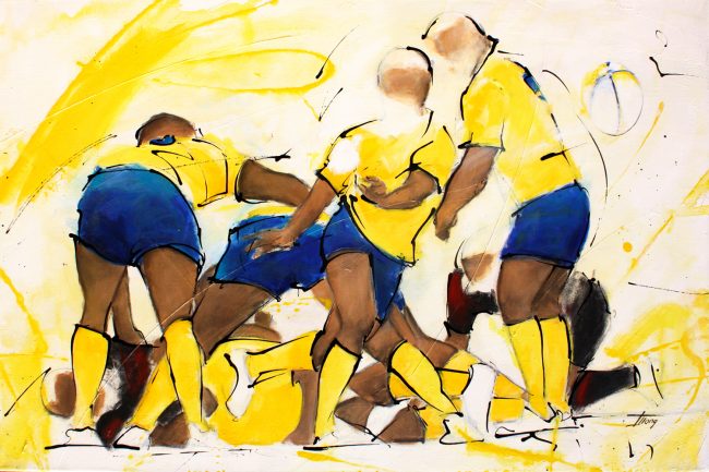 Art sport rugby : Peinture sur toile d'une sortie du ballon d'un ruck lors d'un match en l'ASM Clermont Auvergne et le Stade toulousain