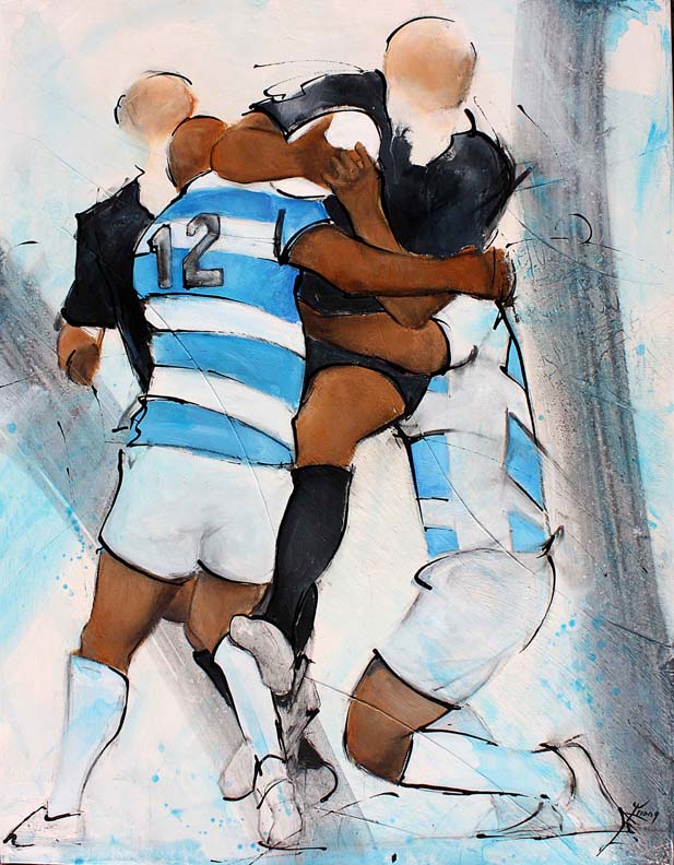 Art tableau sport collectif rugby : peinture sur toile de joueurs de rugby entre les all blacks de Nouvelle Zélande et les pumas d'argentine lors d'un match des four nations