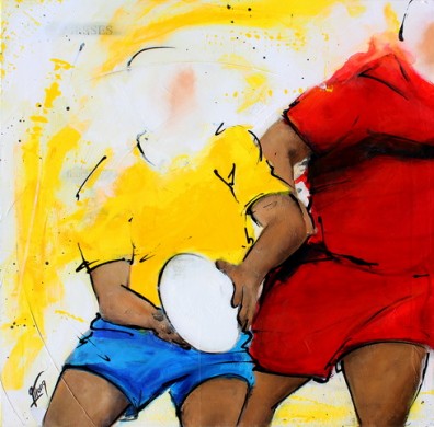 Art sport rugby : Peinture sur toile d'une passe avant contact lors d'un match de rugby