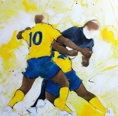 Art sport rugby : peinture sur toile de la solide défense de l'ASM face au MHR