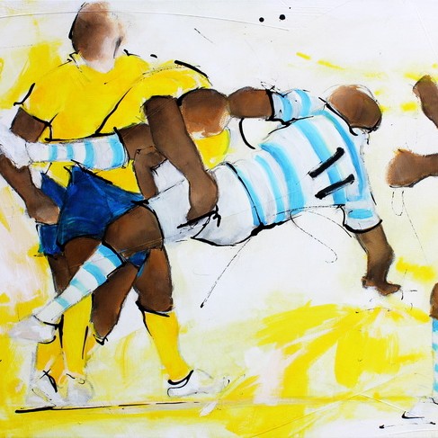 Art Sport Rugby : Peinture sur toile du superbe plaquage d'un jour de l'ASM Clermont Auvergne sur un joueur du racing lors d'un match de rugby au stade Michelin