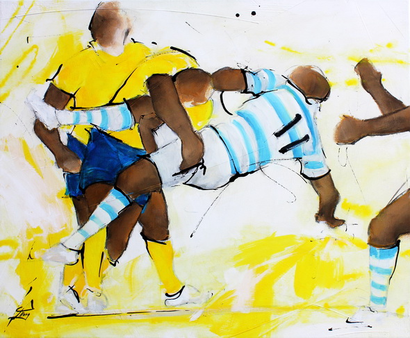 Art Sport Rugby : Peinture sur toile du superbe plaquage d'un jour de l'ASM Clermont Auvergne sur un joueur du racing lors d'un match de rugby au stade Michelin