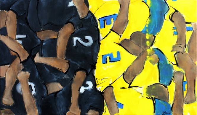 Art sport rugby : Peinture sur toile d'une mêlée lors d'un match de rugby à Amédée Domenech