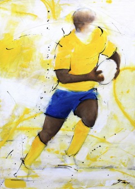 Art sport rugby : Peinture sur toile de la percée du centre de l'ASM Aurélien Rougerie lors d'un match de rugby