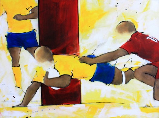 Art sport rugby : Peinture sur toile de l'essai marqué entre les poteaux par l'ASM