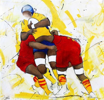 Art sport rugby : Peinture sur toile de la charge d'un troisième ligne lors de la finale de TOP 14 gagnée par l'ASM face à l'USAP le 28 mai 2010