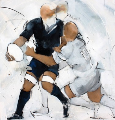 Art sport rugby : Peinture sur toile de la passe après contact du rugbyman All Blacks lors d'un match de rugby