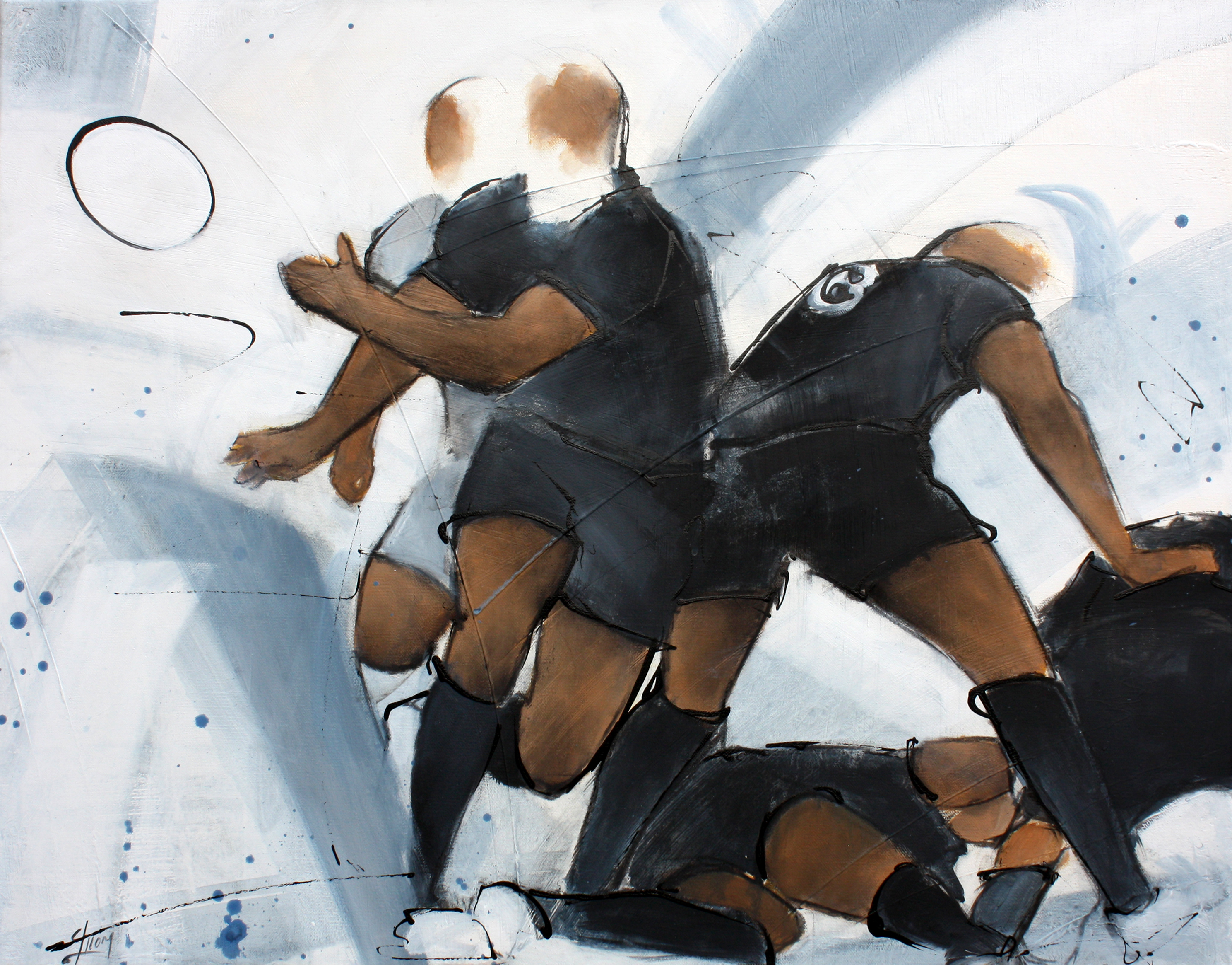 Art sport rugby : Peinture sur toile d'une sortie de ruck lors d'un match de rugby