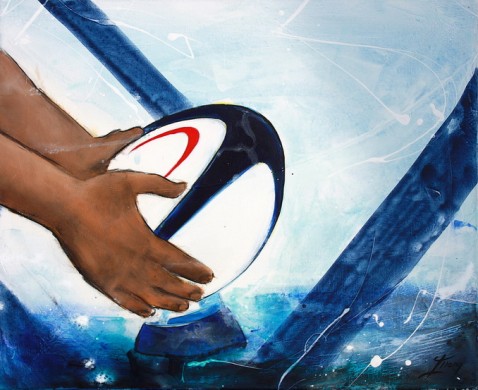 Art sport rugby : Peinture sur toile de la préparation du ballon par un rugbyman avant la tentative de transformation