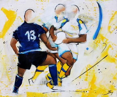 Art sport rugby : Peinture sur toile de la fixation parfaite du joueur de l'ASM face au Leinster lors d'un match de rugby de coupe d'europe