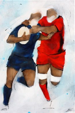 Art Sport Rugby : Peinture sur toile du plaquage d'un joueur du RCT (Rugby Club Toulonnais) face au CO (Castres Olympique) lors d'un match de Rugby