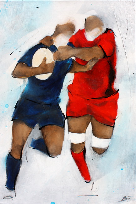 Art Sport Rugby : Peinture sur toile du plaquage d'un joueur du RCT (Rugby Club Toulonnais) face au CO (Castres Olympique) lors d'un match de Rugby