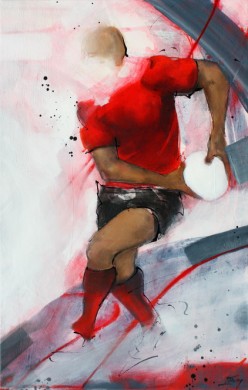 Art sport rugby : Peinture sur toile de la passe sur un pas d'un centre toulonnais lors d'un match de rugby