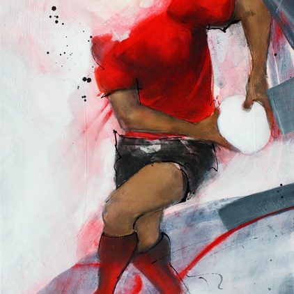 Art sport rugby : Peinture sur toile de la passe sur un pas d'un centre toulonnais lors d'un match de rugby