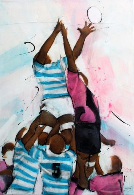 Art Sport Rugby : Peinture sur toile d'une touche à l'occasion du derby parisien opposant le racing 92 au stade francais à Jean Bouin lors d'un match de rugby