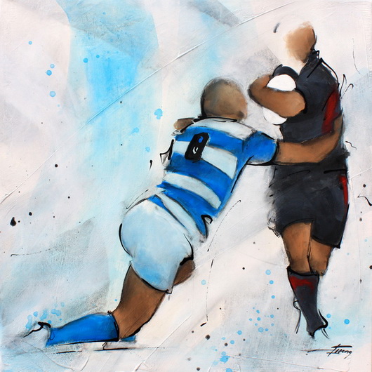 Art sport rugby : Peinture sur toile du troisième ligne centre du racing lors d'un match face au Stade Toulousain