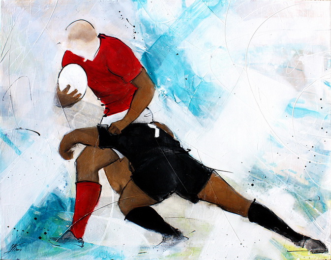 Art Sport Rugby : Peinture sur toile d'un match de rugby entre le pays de galles et les All blacks