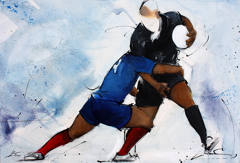 Art sport rugby : peinture sur toile de la solide défense du demi de mêlée du XV de France face à la troisième ligne all blacks lors d'un match à l'Eden Park