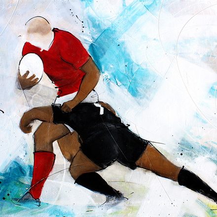 Art Sport Rugby: Painting on canvas - rugby match between Wales and All Blacks