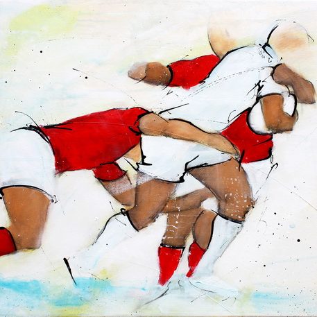 Art sport rugby : Peinture sur toile de la défense collective du Pays de Galles face aux anglais du XV de la rose