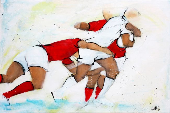 Art sport rugby : Peinture sur toile de la défense collective du Pays de Galles face aux anglais du XV de la rose
