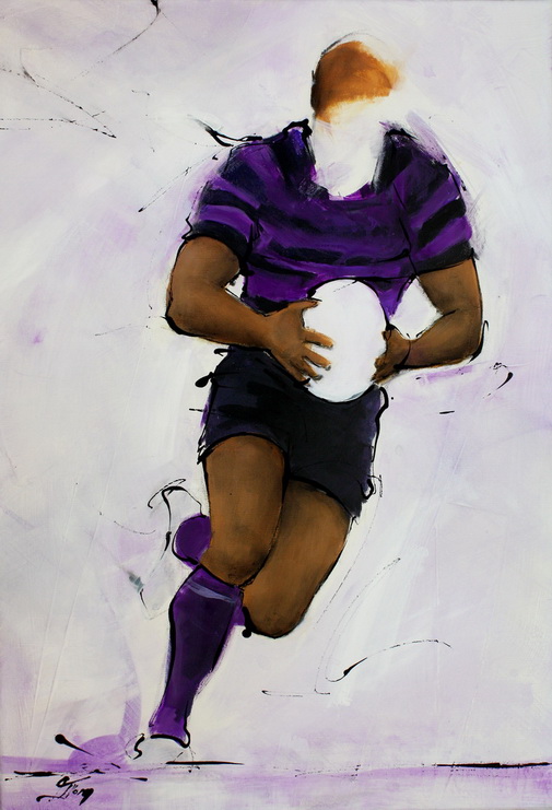 Art sport rugby : Peinture sur toile d'un joueur de l'USI d'Issoire en mauve et noir