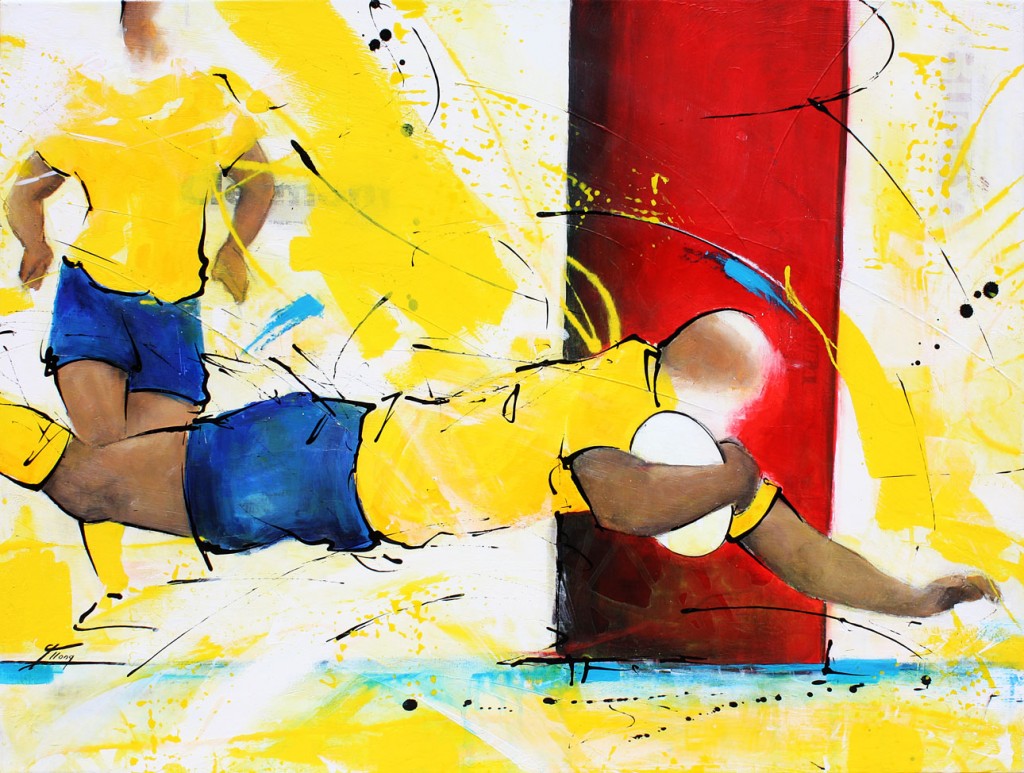 Tableau art Sport Rugby : Peinture sur toile d'un joueur de l'ASM marquant un essai au pied des poteaux au Stade Michelin de Clermont Ferrand