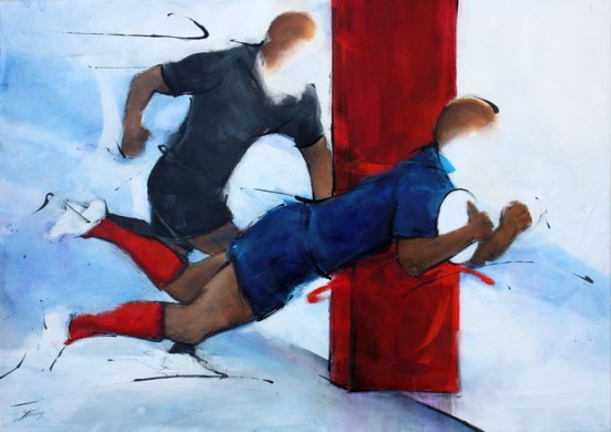Art sport rugby : Peinture sur toile d'un match de rugby entre le XV de france et les all Blacks à l'Eden Park d'Auckland