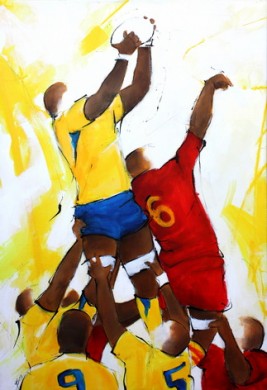 Art sport Rugby : Peinture sur toile d'un deuxième ligne saisissant le ballon en touche à l'occasion d'un match entre l'ASM et l'USAP