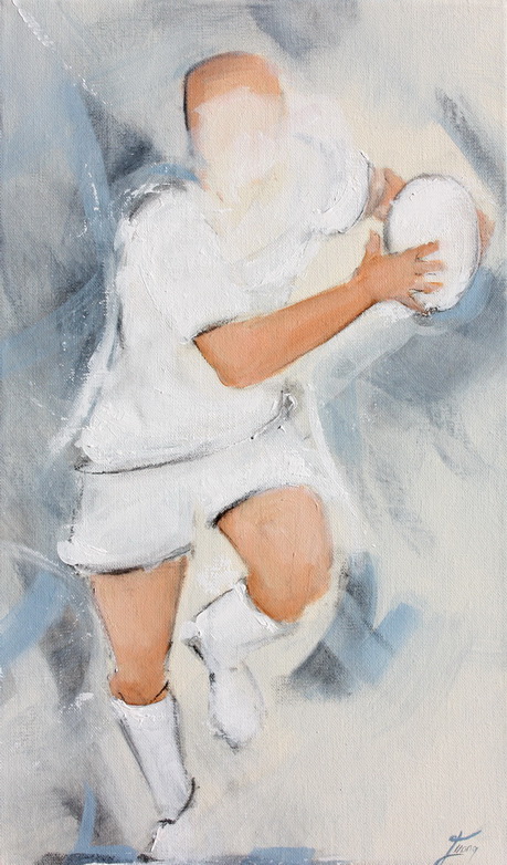 Art SPORT rugby : Peinture sur toile d'un joueur de rugby en maillot blanc