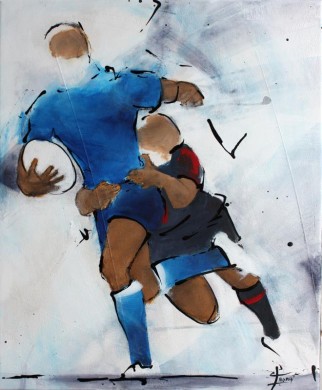 Art SPORT Rugby : Peinture sur toile d'un joueur de rugby du Castres olympique (CO) plaqué par un autre joueur du Stade Toulousain à Ernest Wallon