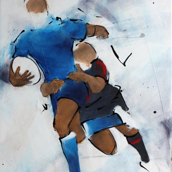 Art SPORT Rugby : Peinture sur toile d'un joueur de rugby du Castres olympique (CO) plaqué par un autre joueur du Stade Toulousain à Ernest Wallon