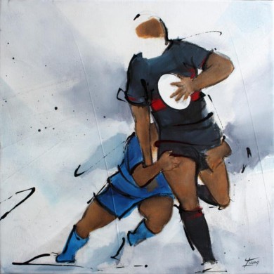 Art SPORT Rugby : Peinture sur toile des ailiers de rugby du Castres olympique (CO) plaquant un joueur du Stade Toulousain à Ernest Wallon