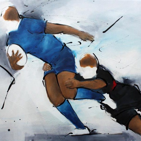 Art SPORT Rugby : Peinture sur toile d'un joueur de rugby du Castres olympique (CO) plaqué par un joueur du Stade Toulousain