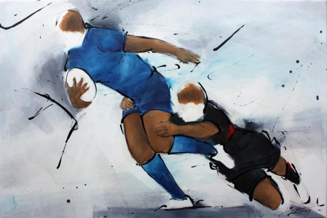 Art SPORT Rugby : Peinture sur toile d'un joueur de rugby du Castres olympique (CO) plaqué par un joueur du Stade Toulousain