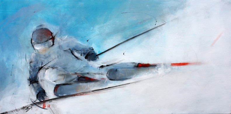 painting art winter sports downhill skiing: Painting on canvas of a rapid ski descent