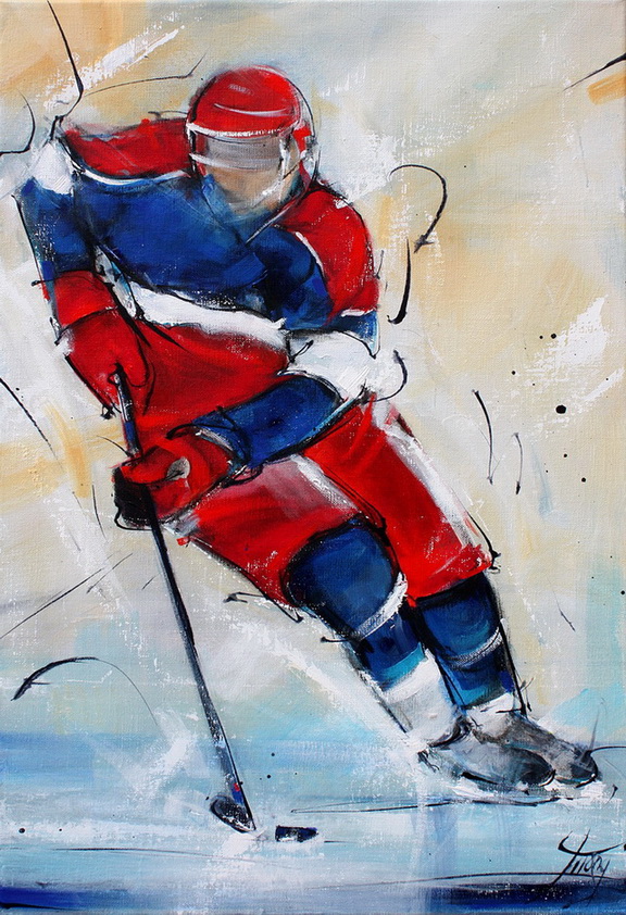 Tableau art sport collectif hockey sur glace : Peinture sur toile d'un jouer de hockey des bruleurs de loups de Grenoble