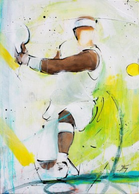 art sport tennis: Painting on canvas of a tennis player backhand at Wimbledon