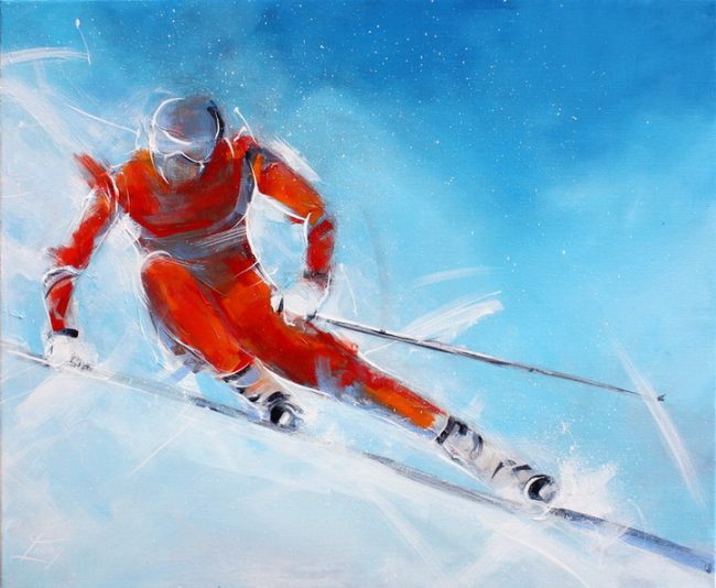 Tableau art sport de glisse ski alpin de piste : Peinture sur toile d'une descente en ski de piste d'un skieur en mouvement