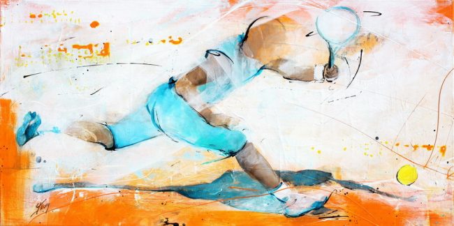 Tableau art sport tennis : Peinture sur toile représentant un match de tennis sur terre battue avec Rafael Nadal