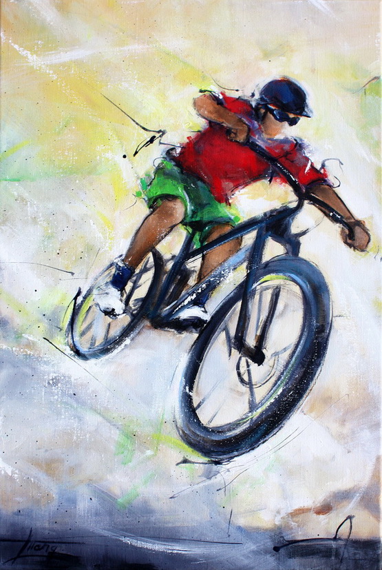 Art sports painting - Cycling a mountain bike cycling cycle - Painting on canvas by Lucie LLONG, artist of movement and sports