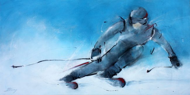 Tableau Art sport de glisse ski alpin de piste : Peinture sur toile d'un skieur faisant un virage dans la poudreuse