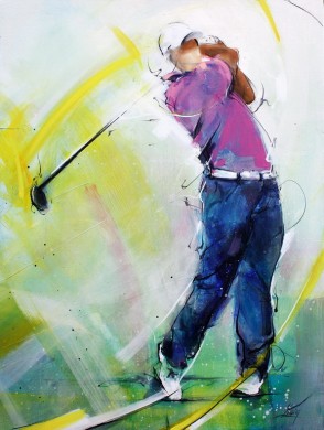 painting art sport golf: painting on canvas - a golfer in motion using his driver - Lucie LLONG, artist of movement and sports